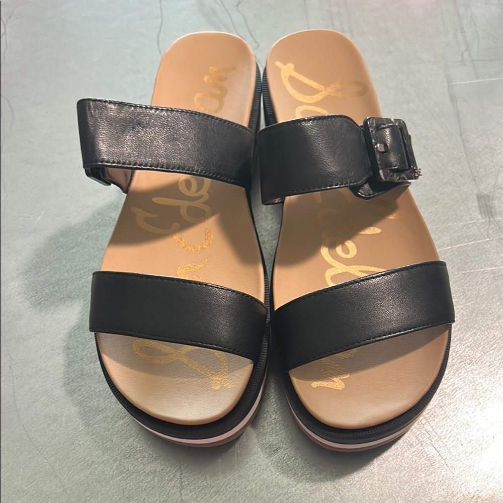 Sam Edelman Black Leather Two-Strap Slide Sandals - Picture 1 of 2